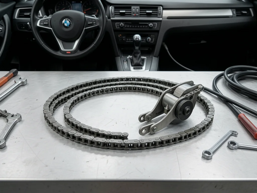 Timing chain, guides, and tensioner arranged on a clean automotive workbench