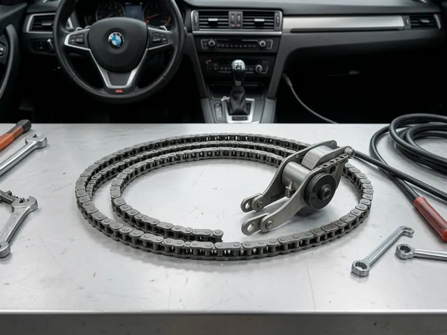 Timing chain, guides, and tensioner arranged on a clean automotive workbench