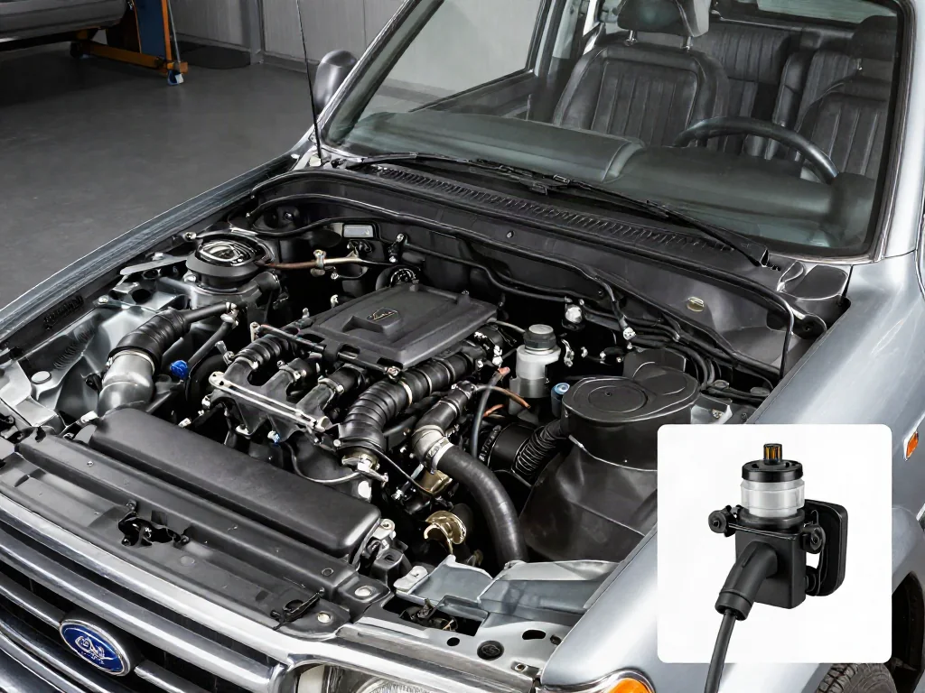 Illustration of an older Ford Ranger engine bay with crankcase ventilation components highlighted