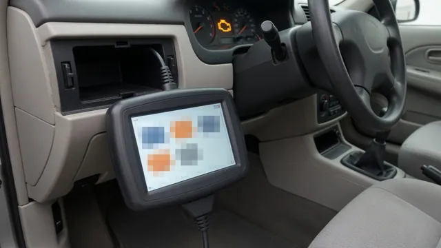 OBD-II scan tool plugged into a car's diagnostic port, with the check engine light on in the dashboard behind it