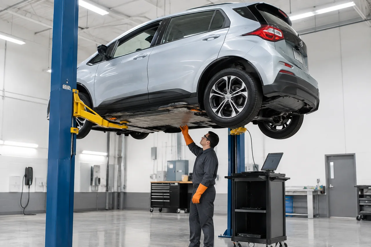 Technician in insulated gloves inspects the underbody battery pack of a small electric hatchback on a service lift