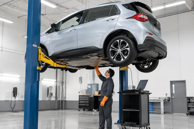 Technician in insulated gloves inspects the underbody battery pack of a small electric hatchback on a service lift