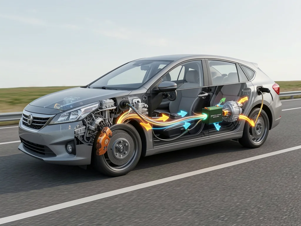 Illustration of a hybrid car recovering energy from its wheels and sending it to the traction battery during braking.