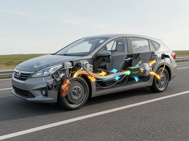 Illustration of a hybrid car recovering energy from its wheels and sending it to the traction battery during braking.