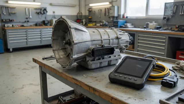 Transmission housing with an electrical connector and a diagnostic scan tool nearby