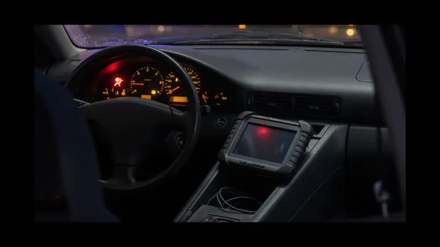 Illustration of an illuminated airbag warning symbol beside a diagnostic scanner