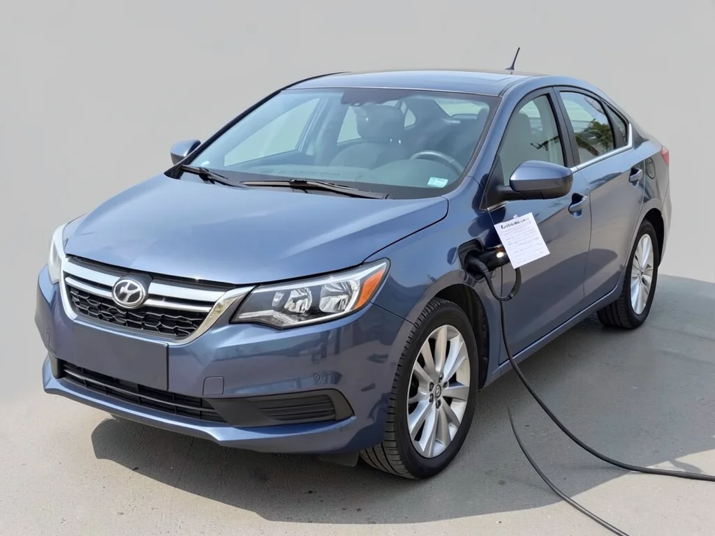 Buyer checking a parked used car with a printed checklist and flashlight in daylight