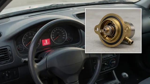 Car dashboard with an illuminated engine temperature warning and a thermostat shown in an inset