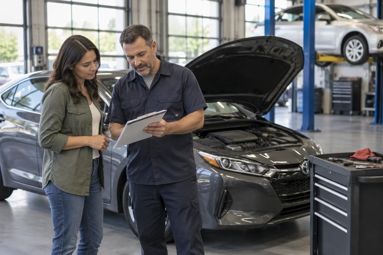 Buyer reviewing service records beside a used hybrid car with an automotive technician