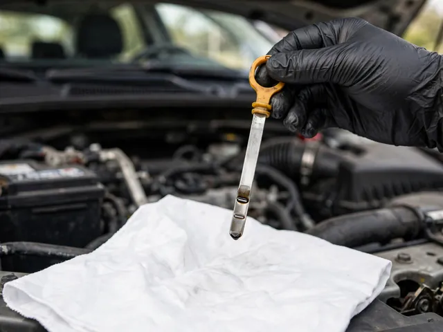 Hand holding an engine oil dipstick showing the oil level between the minimum and maximum marks