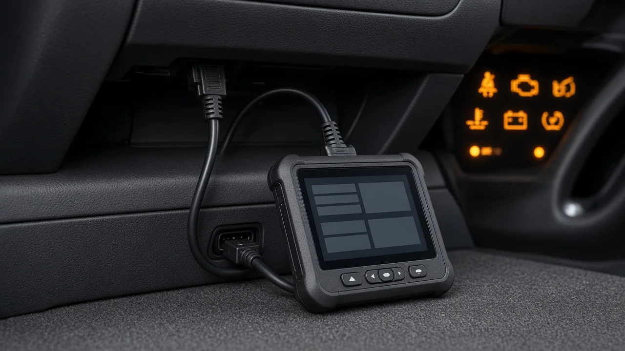 Scan tool plugged into a car's diagnostic port, with amber dashboard warning lights lit in the background