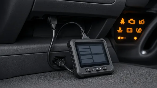 Scan tool plugged into a car's diagnostic port, with amber dashboard warning lights lit in the background