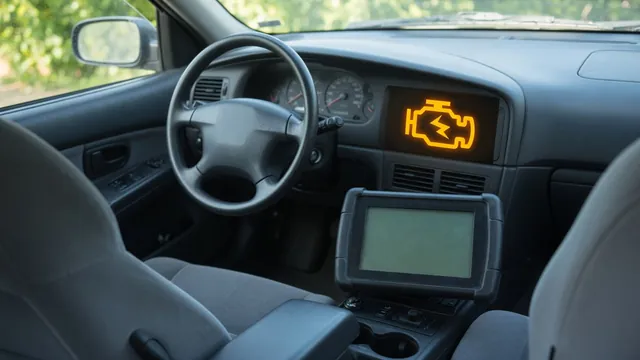 Dashboard check engine light with a diagnostic scanner beside the steering wheel in a parked car