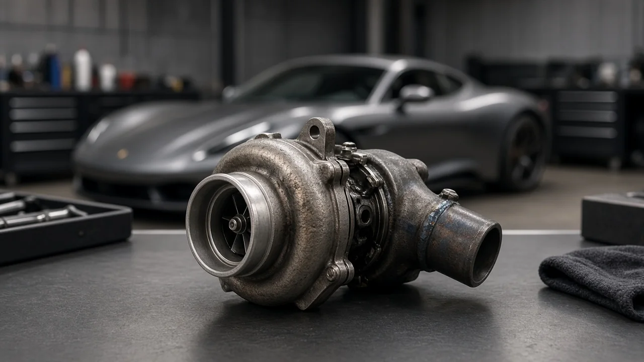 Turbocharger assembly on a clean workshop bench with a Porsche sports car in the background