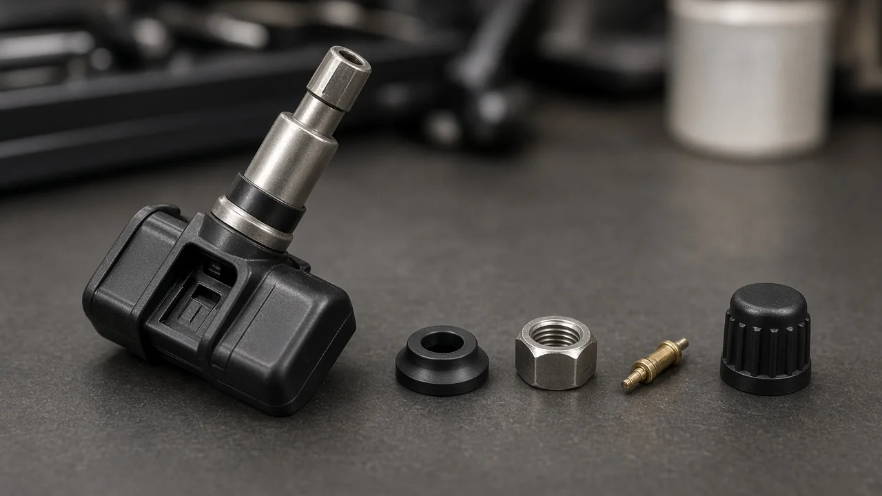 TPMS sensor with valve stem, sealing grommet, valve core, retaining nut, and protective plastic cap