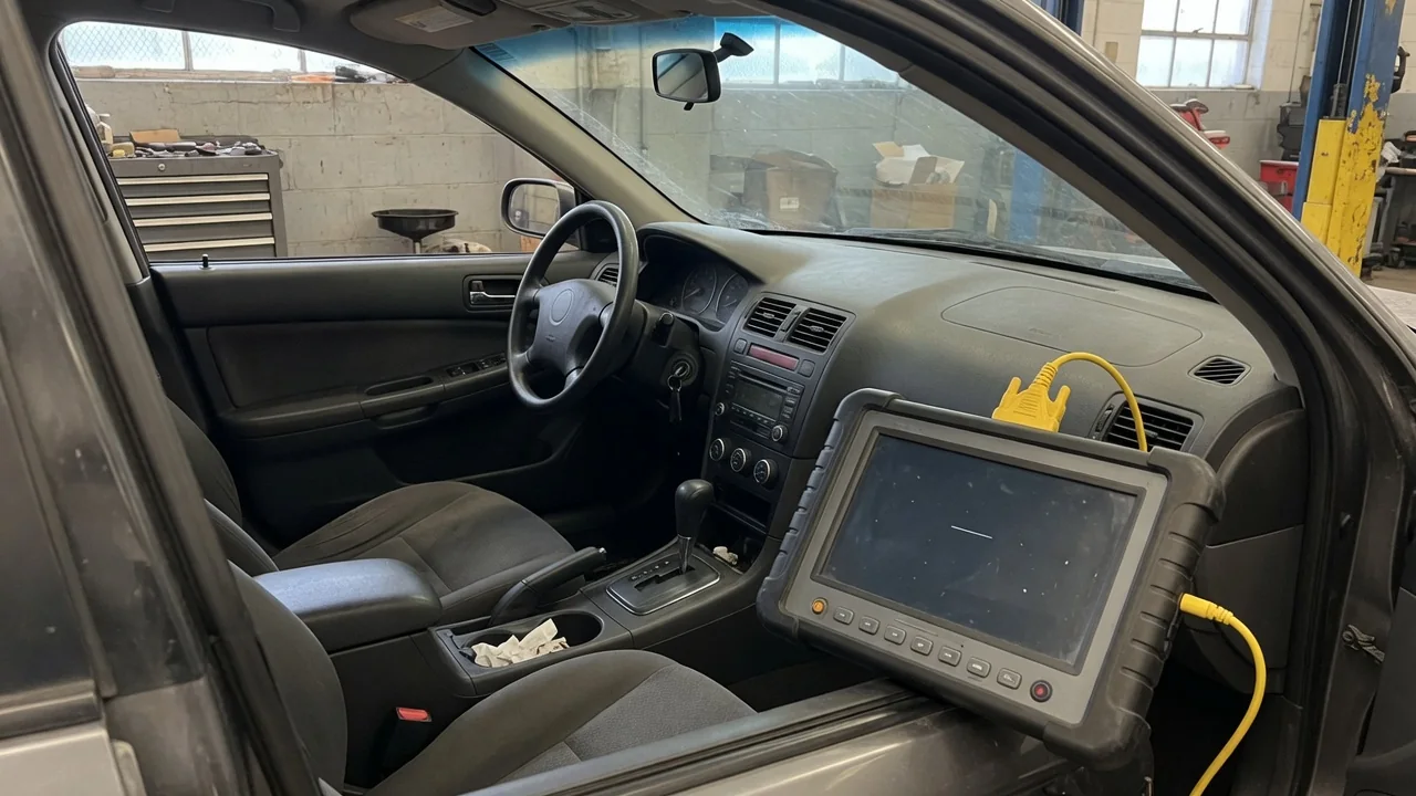 Diagnostic scan tool beside a vehicle dashboard displaying control module memory fault codes