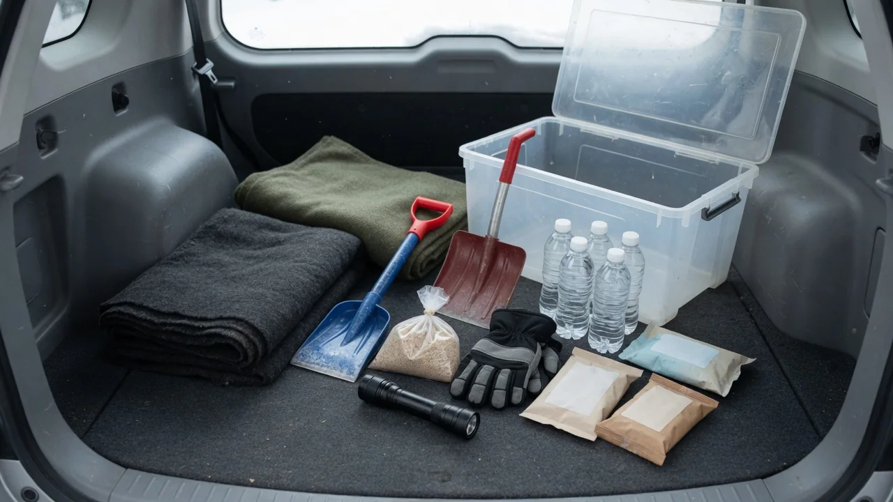 Winter car emergency supplies arranged beside a storage tote, including blankets, a shovel, water, and a flashlight.