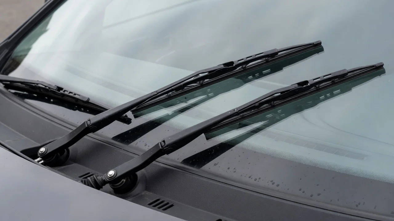 Windshield wiper arms resting at the base of a parked vehicle’s windshield