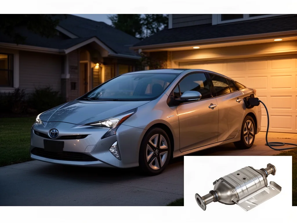 Toyota Prius parked in a well-lit residential driveway with a catalytic converter shield shown in an inset
