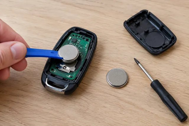 Opened car key fob on a table with a coin cell battery being removed and a replacement cell nearby