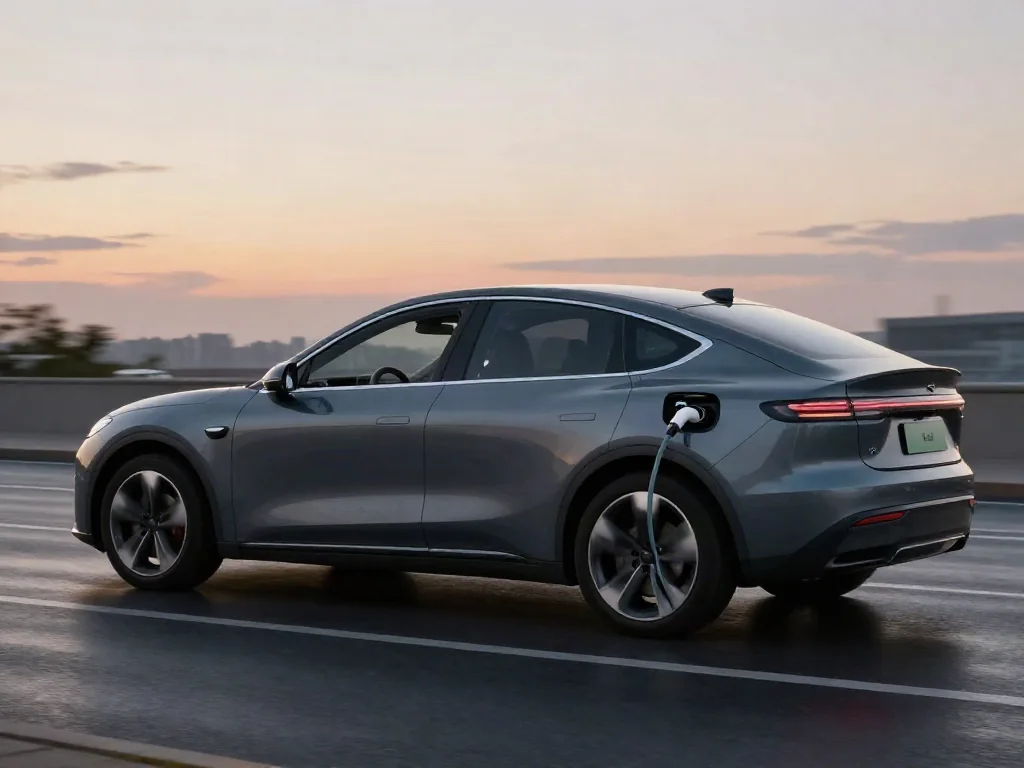 Electric car slowing on a city street, with a glow at the wheel suggesting regenerative braking sending energy back to the battery