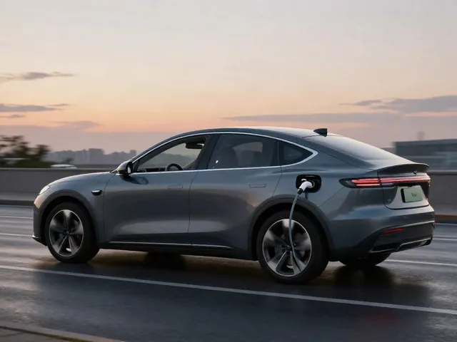 Electric car slowing on a city street, with a glow at the wheel suggesting regenerative braking sending energy back to the battery