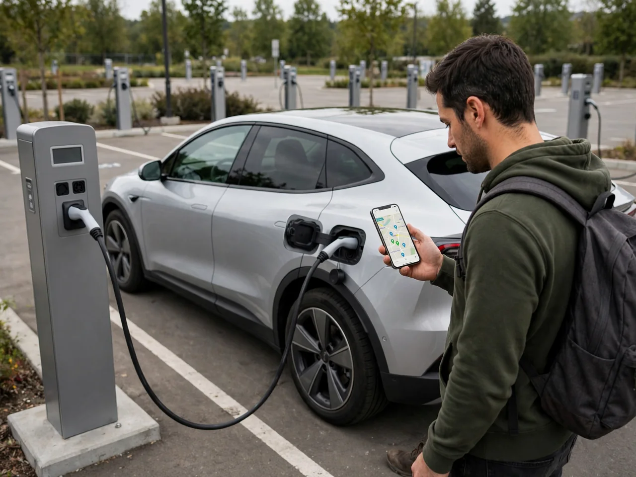 Driver viewing a charging station map on a smartphone beside an electric car at a public charger