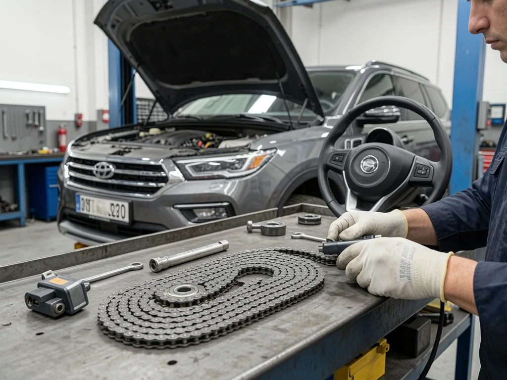 Technician looks over a timing chain kit on a workbench beside a full-size SUV in a repair shop