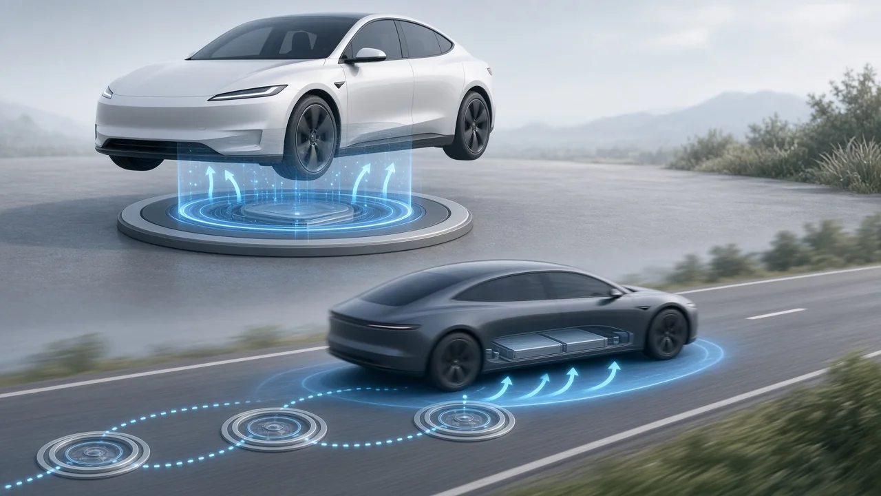 Conceptual illustration of an EV receiving energy from a parking pad and coils embedded in a charging lane