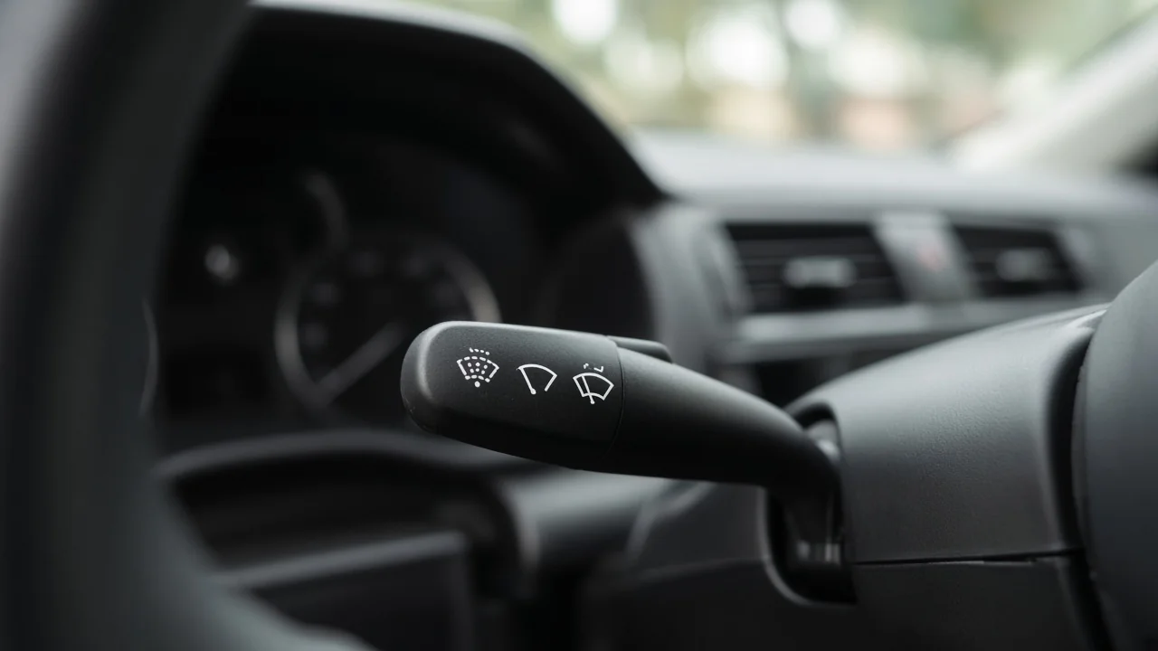 Close-up of a windshield wiper stalk with wipe, intermittent, and washer symbols