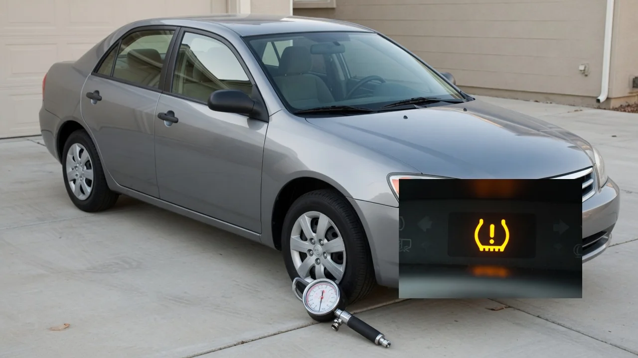 Volkswagen Jetta tire pressure warning symbol with a tire gauge beside a parked car