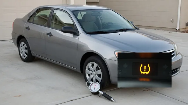 Volkswagen Jetta tire pressure warning symbol with a tire gauge beside a parked car