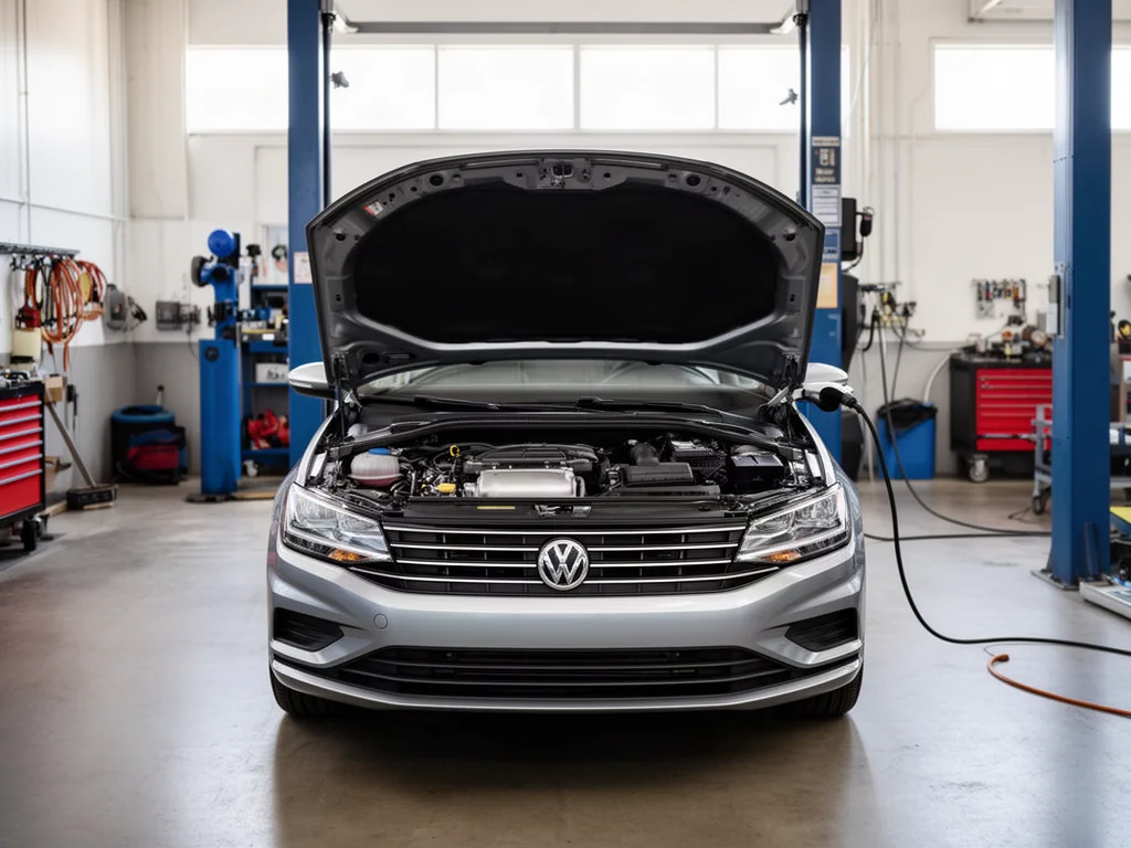 Volkswagen Jetta parked in a clean service bay for an engine timing inspection