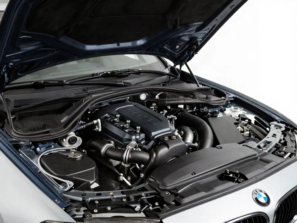 BMW engine bay with the valve cover and crankcase ventilation hoses visible