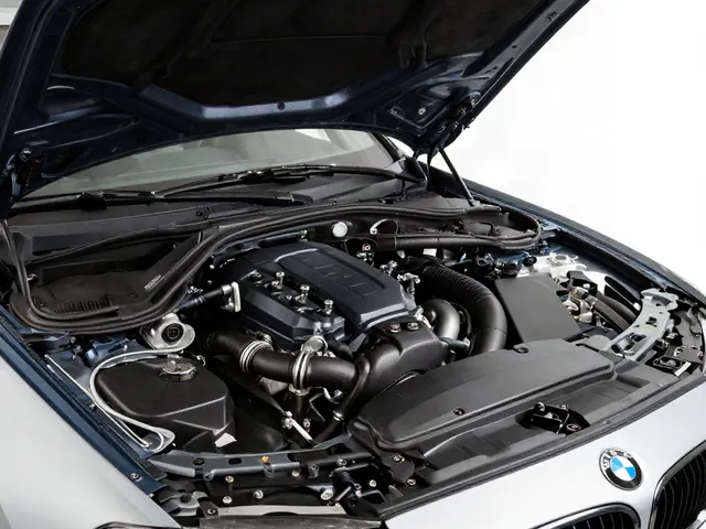 BMW engine bay with the valve cover and crankcase ventilation hoses visible