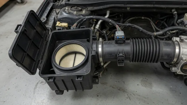Illustration of an engine air intake with an air filter housing, duct, and electrical sensor connector