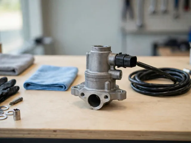 EGR valve and electrical connector on an automotive workshop bench