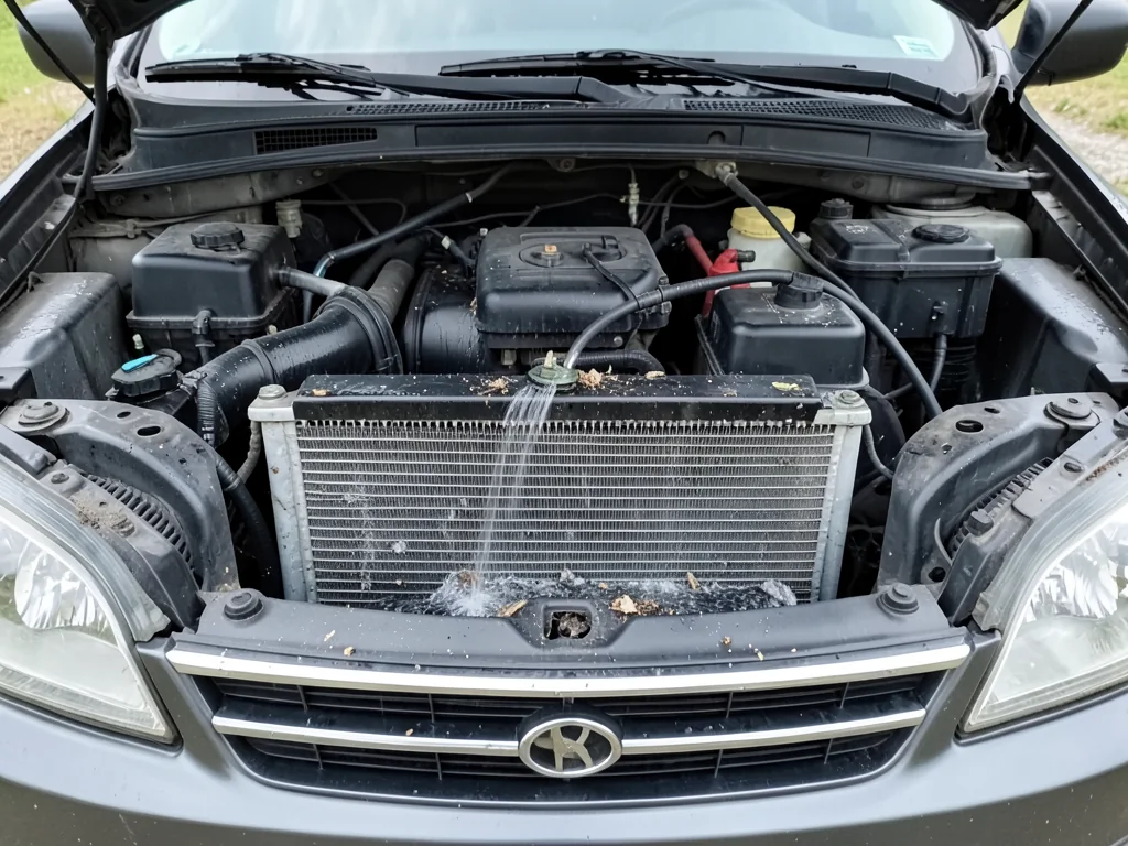 Gentle water spray rinsing loose debris from an accessible car AC condenser with the engine off