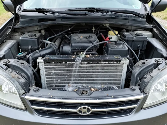 Gentle water spray rinsing loose debris from an accessible car AC condenser with the engine off