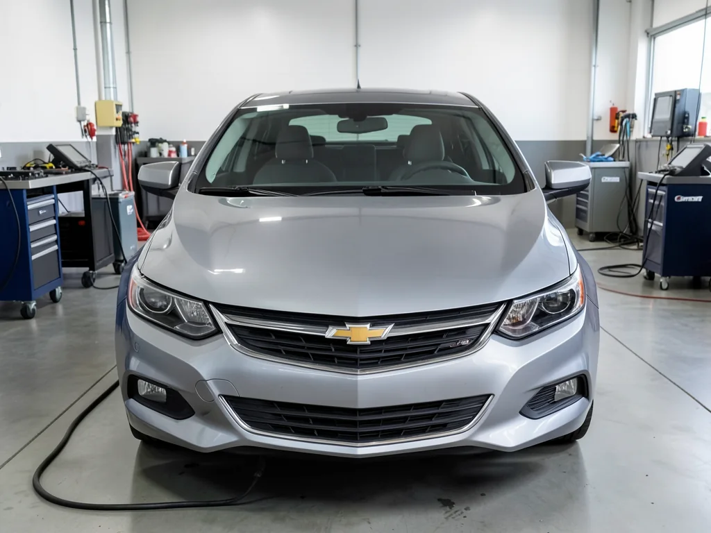 Chevrolet Malibu Hybrid parked in a service bay for a battery system evaluation