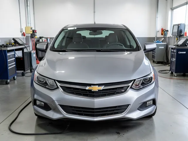 Chevrolet Malibu Hybrid parked in a service bay for a battery system evaluation