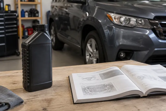 Power steering fluid bottle beside a vehicle owner's manual in a clean garage