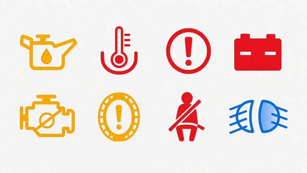 Illustrated dashboard symbols for oil pressure, coolant temperature, brakes, battery, engine, and tire pressure