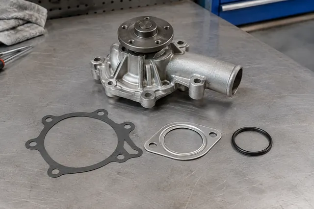 Automotive water pump beside a fiber gasket, formed metal gasket, and rubber O-ring on a clean workbench