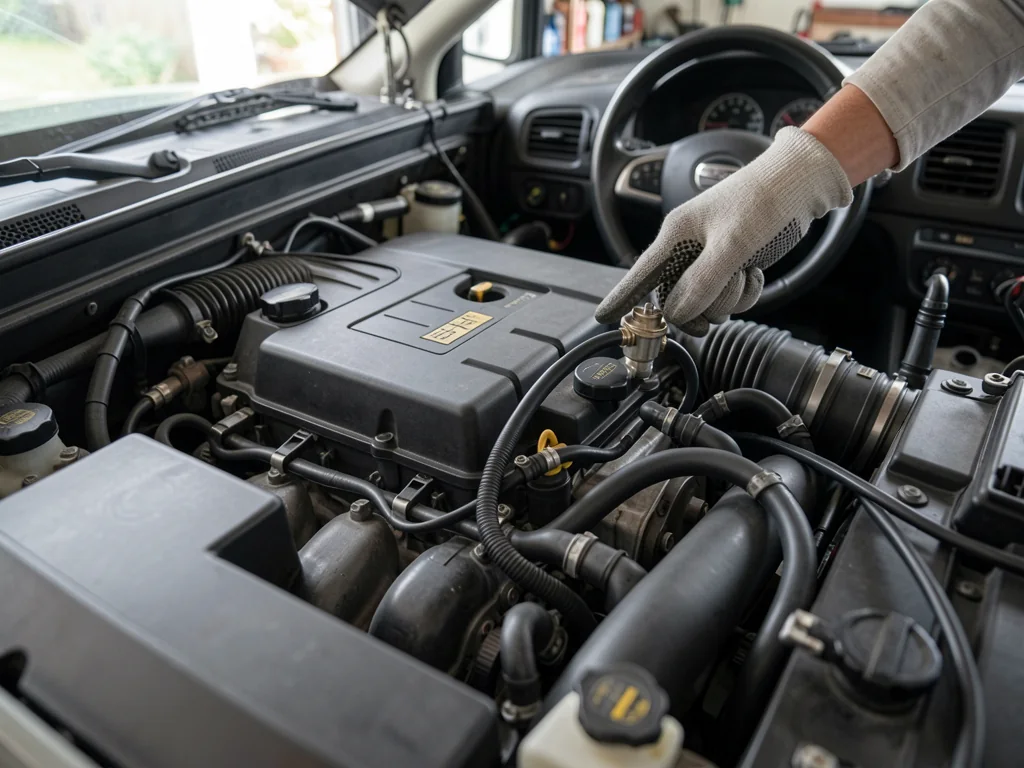 Gloved hand pointing to a PCV valve and hose between the valve cover and intake in a car engine bay