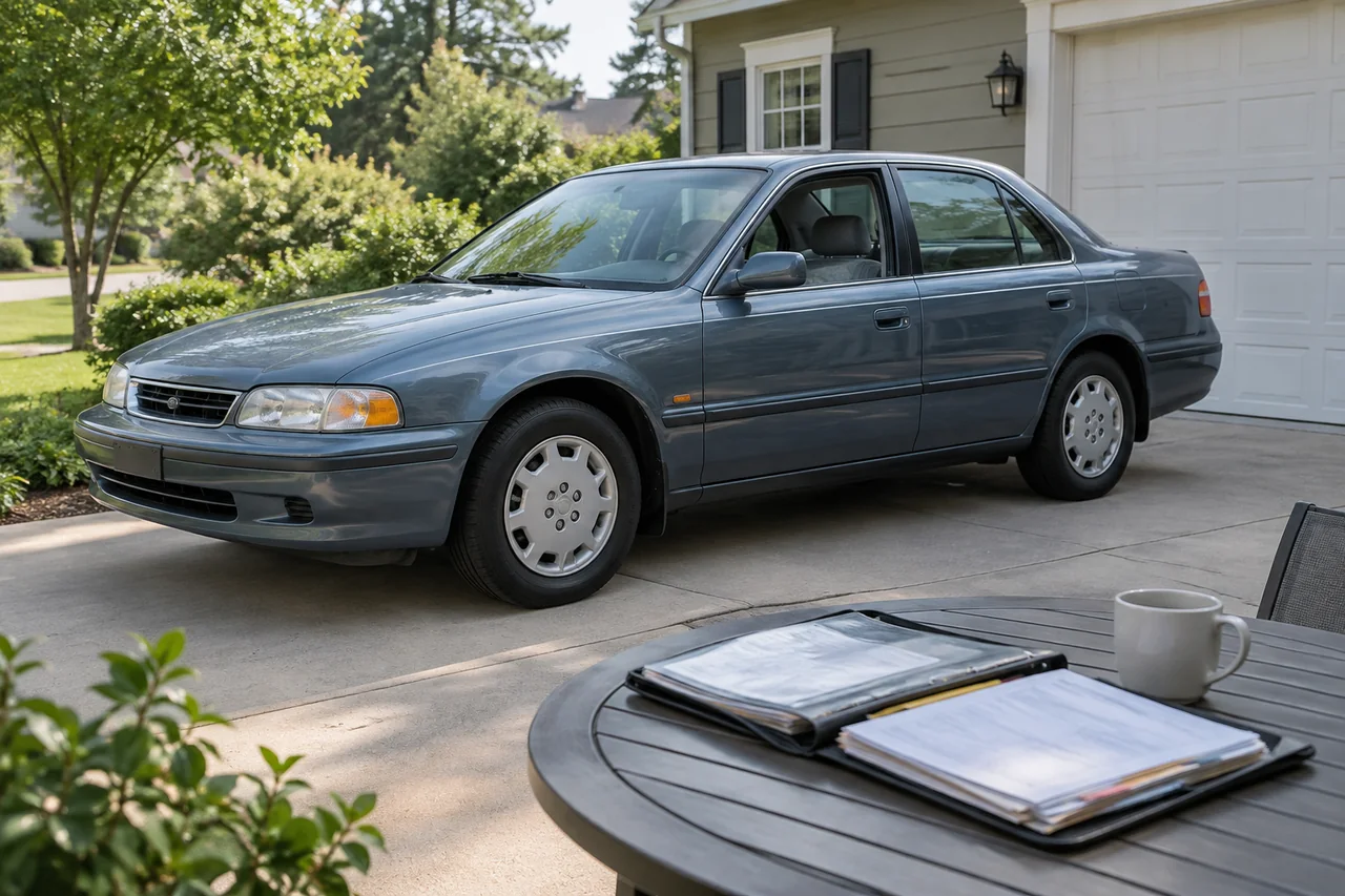 An older used car parked in a driveway with service records ready for a buying inspection