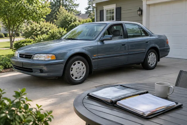 An older used car parked in a driveway with service records ready for a buying inspection