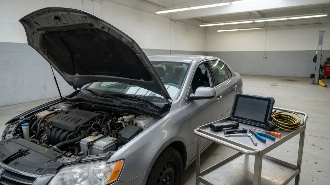 Diagnostic scanner beside a parked vehicle with its hood open in an automotive service bay
