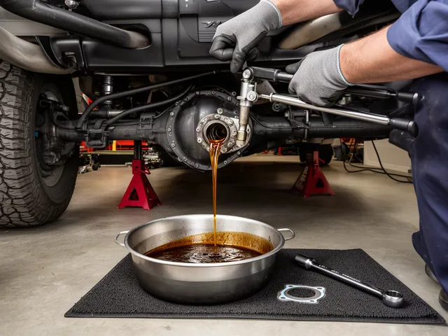 Mechanic pumping fresh gear oil into a rear differential fill hole with a drain pan of old fluid underneath