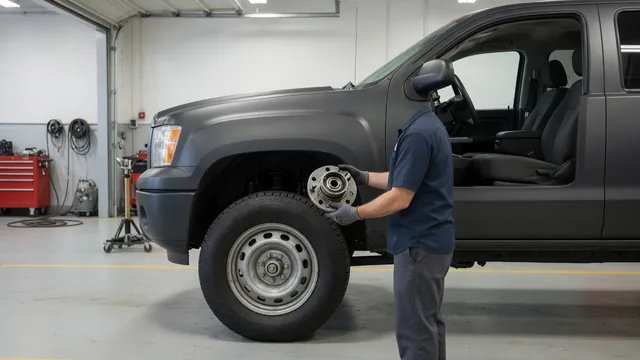 Ford F-150 parked in a service bay with its front wheel and hub area in view